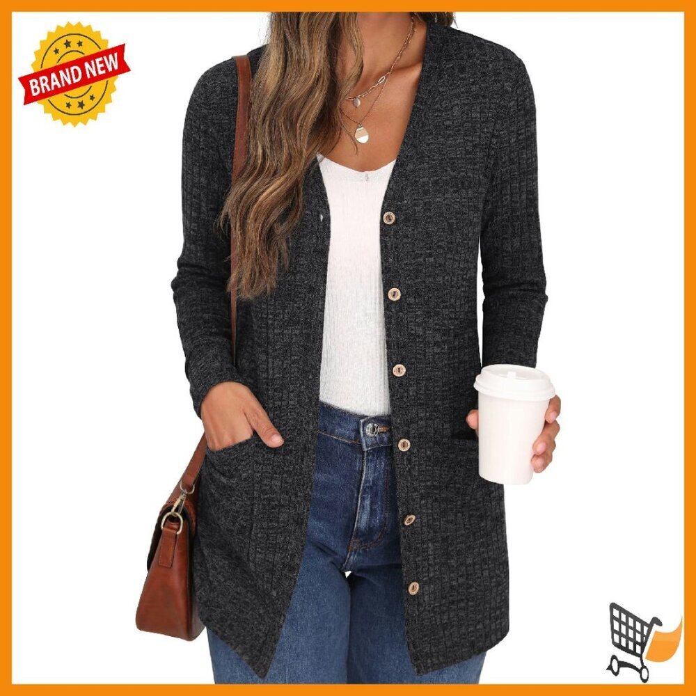 Long Sleeve Open Front Cardigan Ribbed Knit Lightweight with Pocket